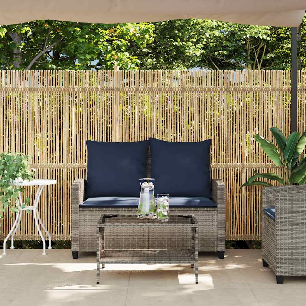 Tuinbank 2-zits met kussens & tafel poly rattan grijs