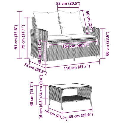 Tuinbank 2-zits met kussens & tafel poly rattan grijs