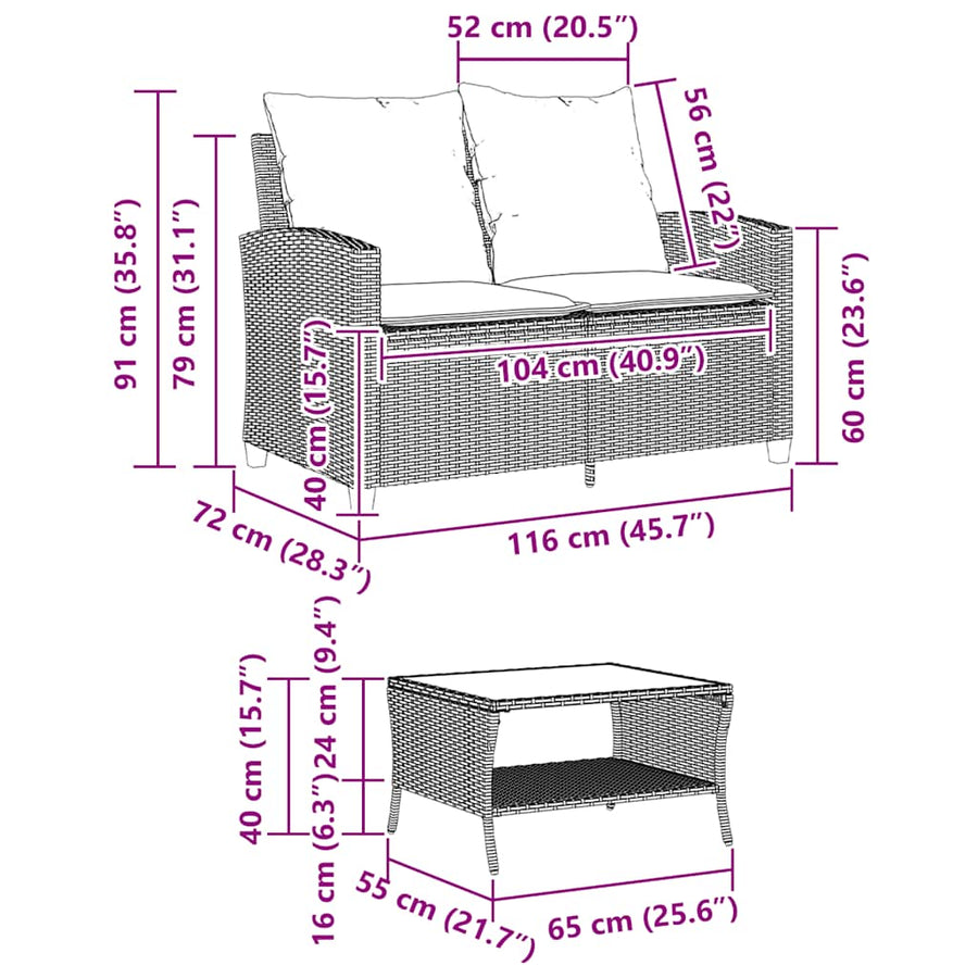 Tuinbank 2-zits met kussens & tafel poly rattan grijs