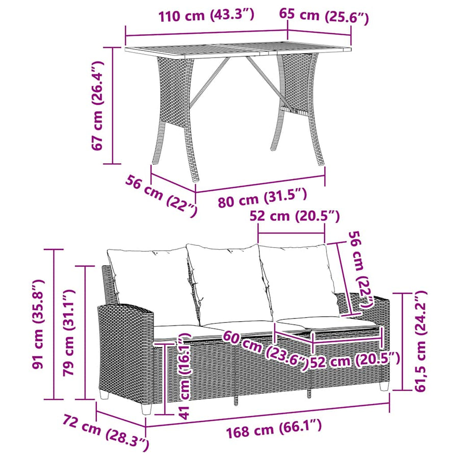 Tuinbank 3-zits met kussens & tafel poly rattan beige