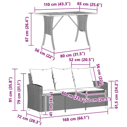 Tuinbank 3-zits met kussens & tafel poly rattan lichtgrijs