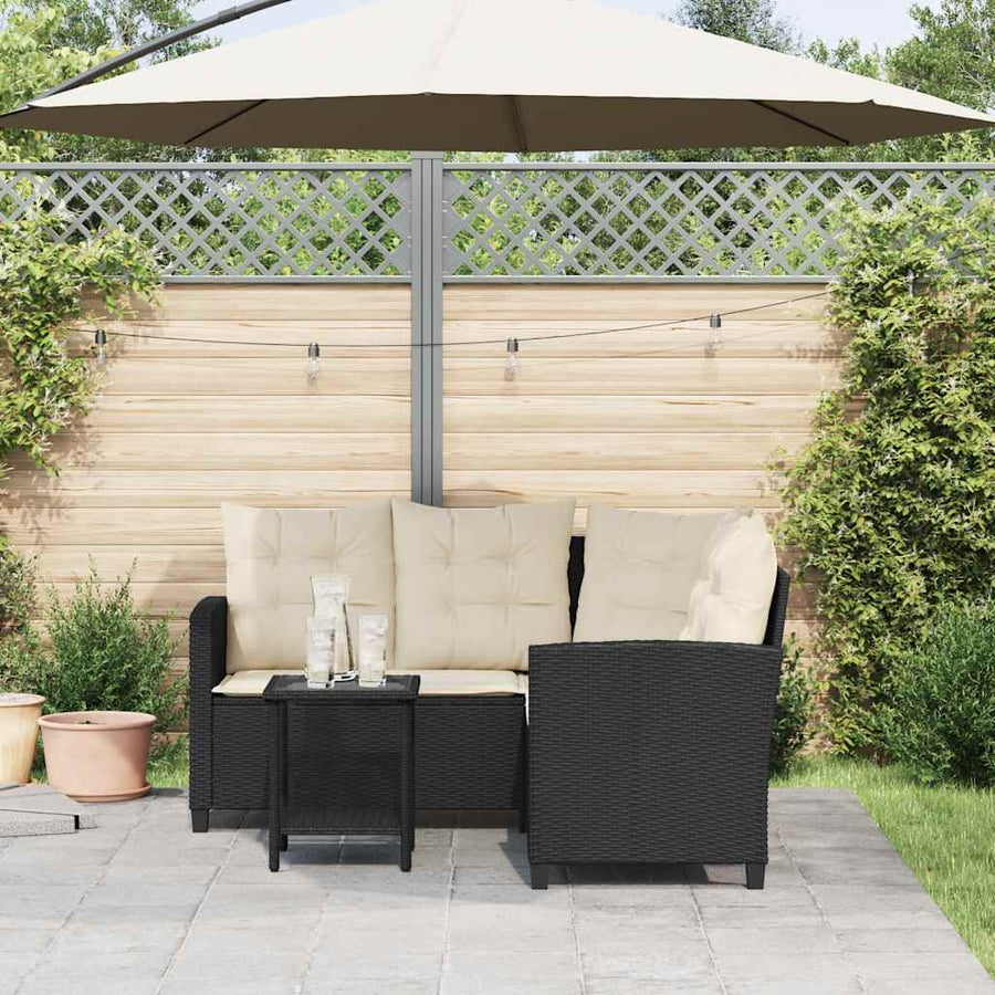 Tuinbank met tafel en kussens L-vormig zwart polyrotan