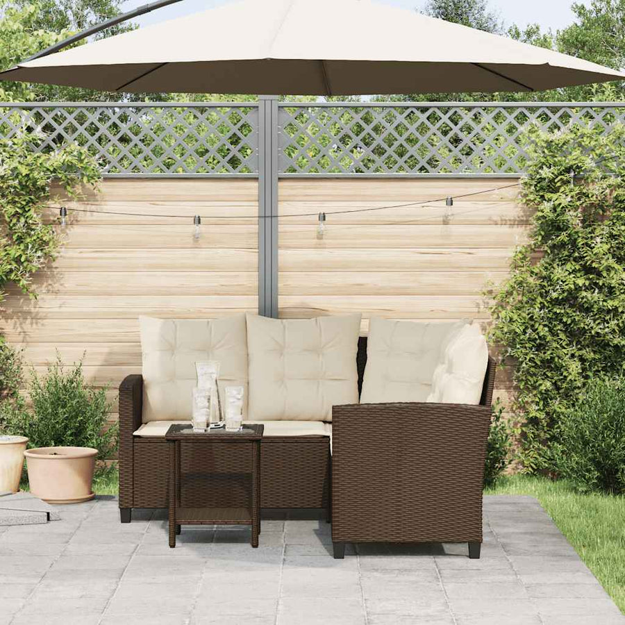 Tuinbank met tafel en kussens L-vormig bruin polyrotan