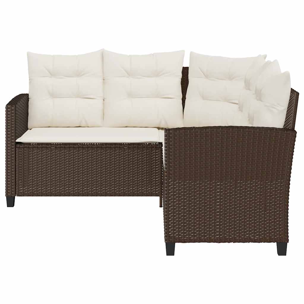 Tuinbank met tafel en kussens L-vormig bruin polyrotan