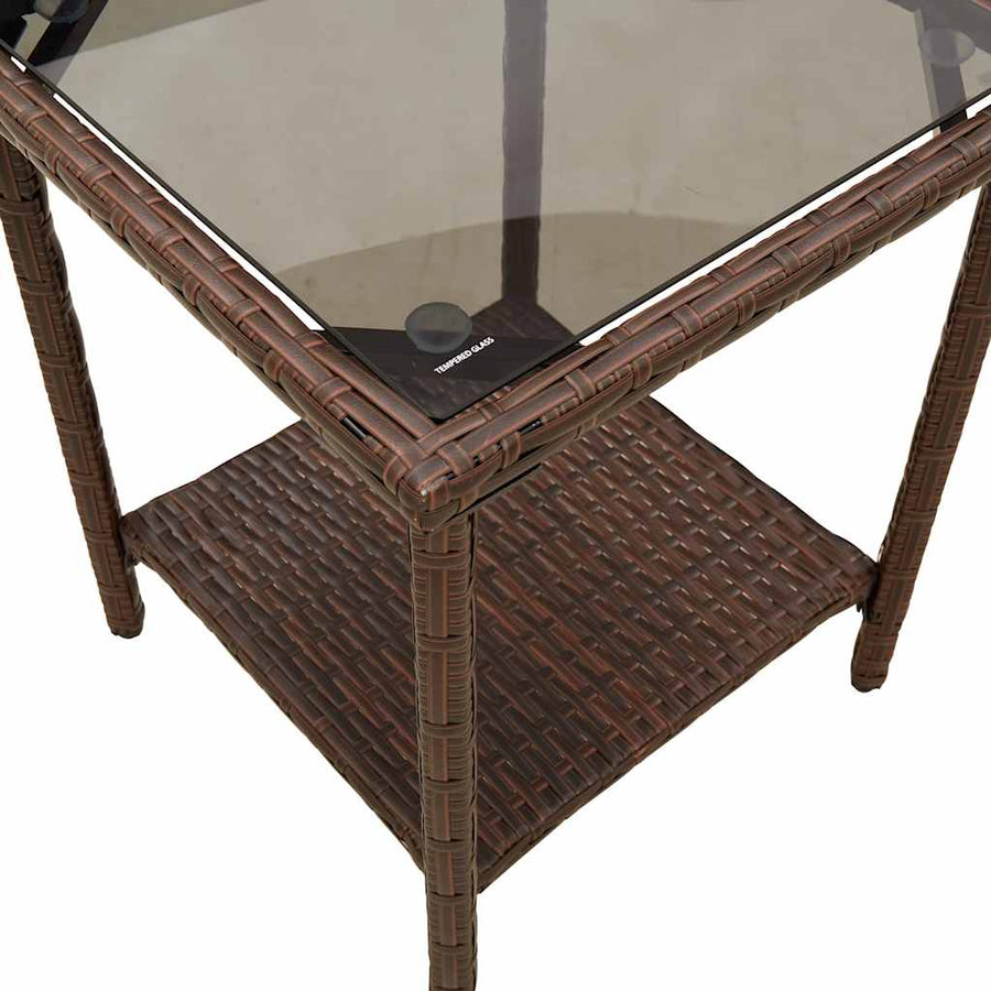 Tuinbank met tafel en kussens L-vormig bruin polyrotan
