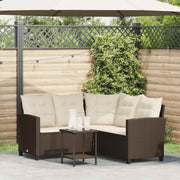 L-vormige tuinbank met tafel en kussens bruin polyrotan