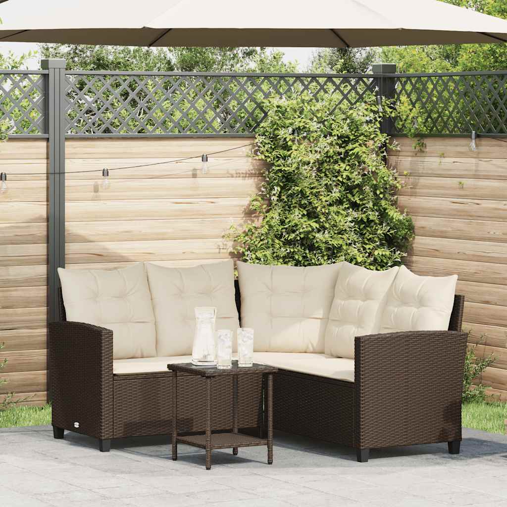 Tuinbank met tafel en kussens L-vormig bruin polyrotan