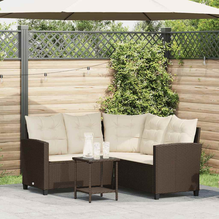 Tuinbank met tafel en kussens L-vormig bruin polyrotan