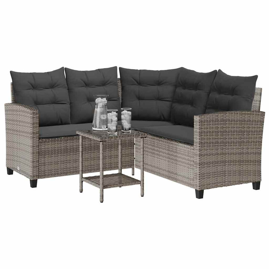 Tuinbank Met Tafel En Kussens L-Vormig Poly Rattan Grijs
