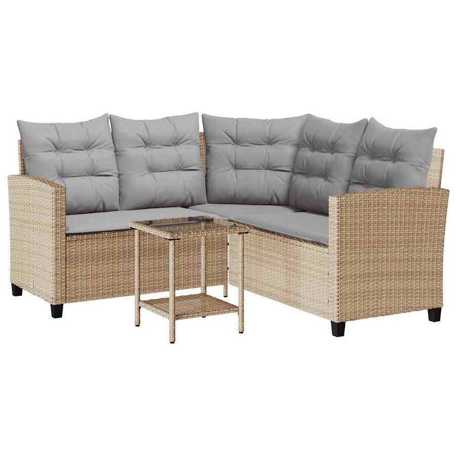 Tuinbank Met Tafel En Kussens L-Vormig Poly Rattan Beige en grijs