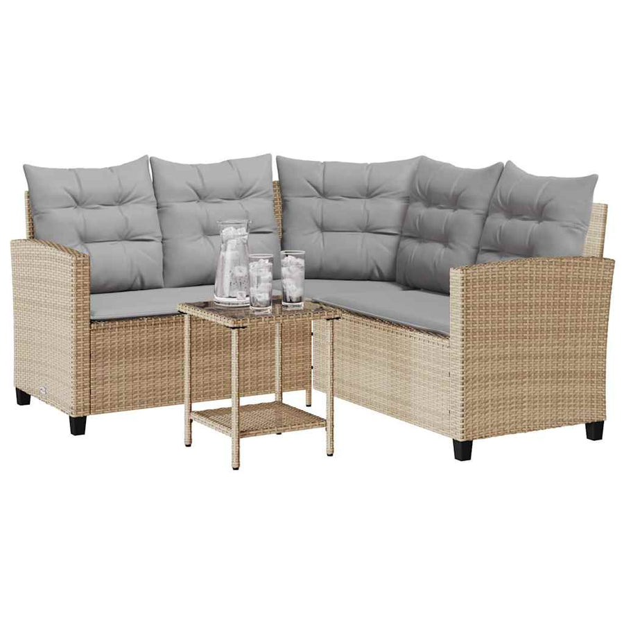 Tuinbank Met Tafel En Kussens L-Vormig Poly Rattan Beige en grijs