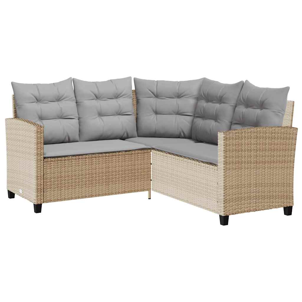 Tuinbank Met Tafel En Kussens L-Vormig Poly Rattan Beige en grijs