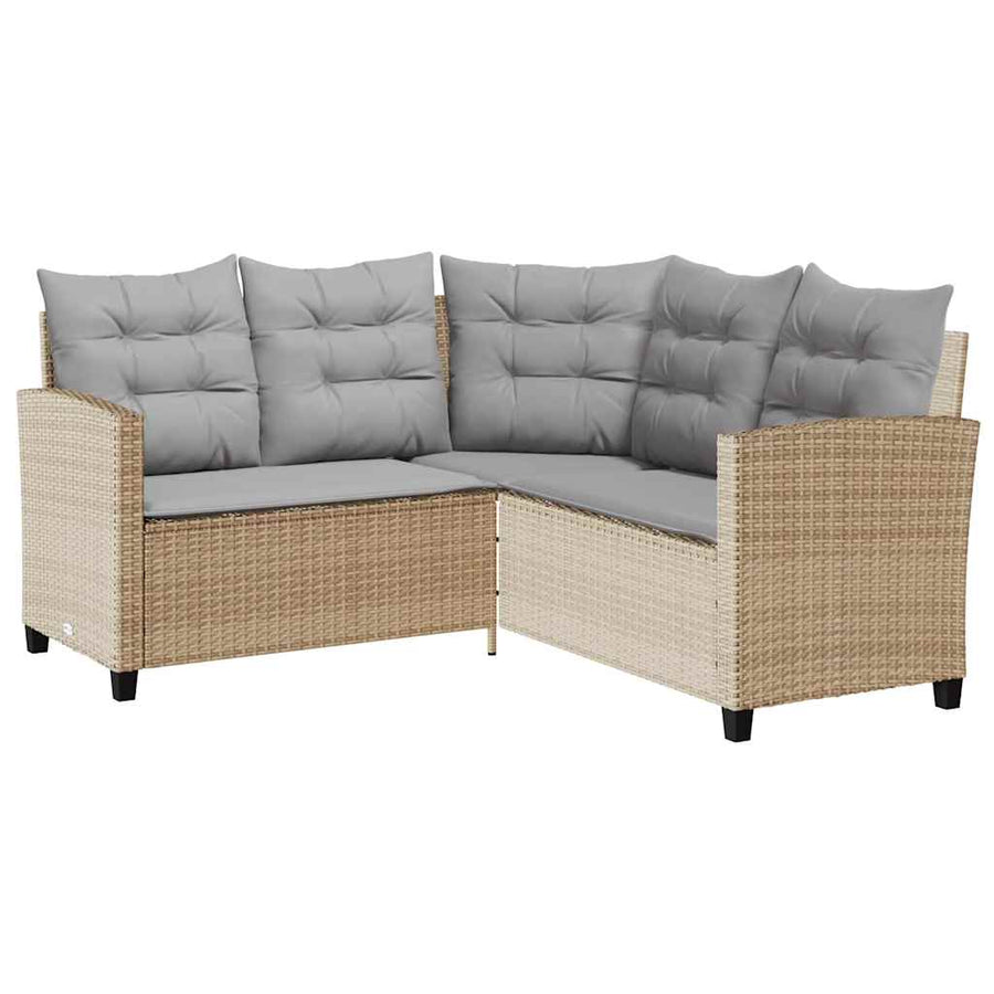 Tuinbank Met Tafel En Kussens L-Vormig Poly Rattan Beige en grijs