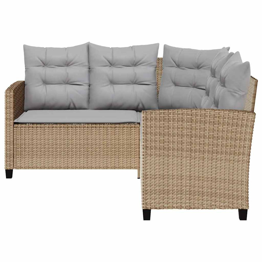 Tuinbank Met Tafel En Kussens L-Vormig Poly Rattan Beige en grijs