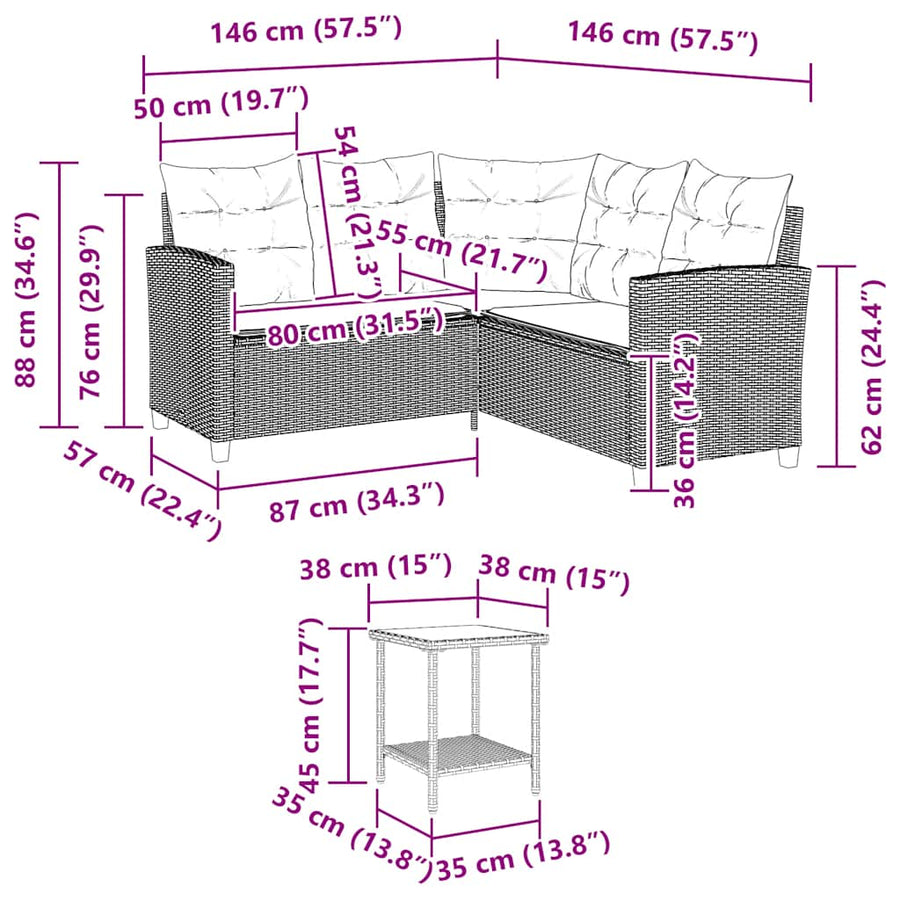 Tuinbank Met Tafel En Kussens L-Vormig Poly Rattan Beige en grijs