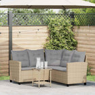 L-vormige tuinbank met tafel en kussens beige poly rattan