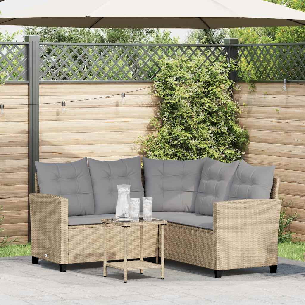 Tuinbank Met Tafel En Kussens L-Vormig Poly Rattan Beige en grijs