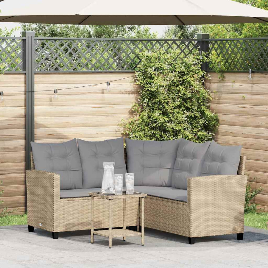 Tuinbank Met Tafel En Kussens L-Vormig Poly Rattan Beige en grijs
