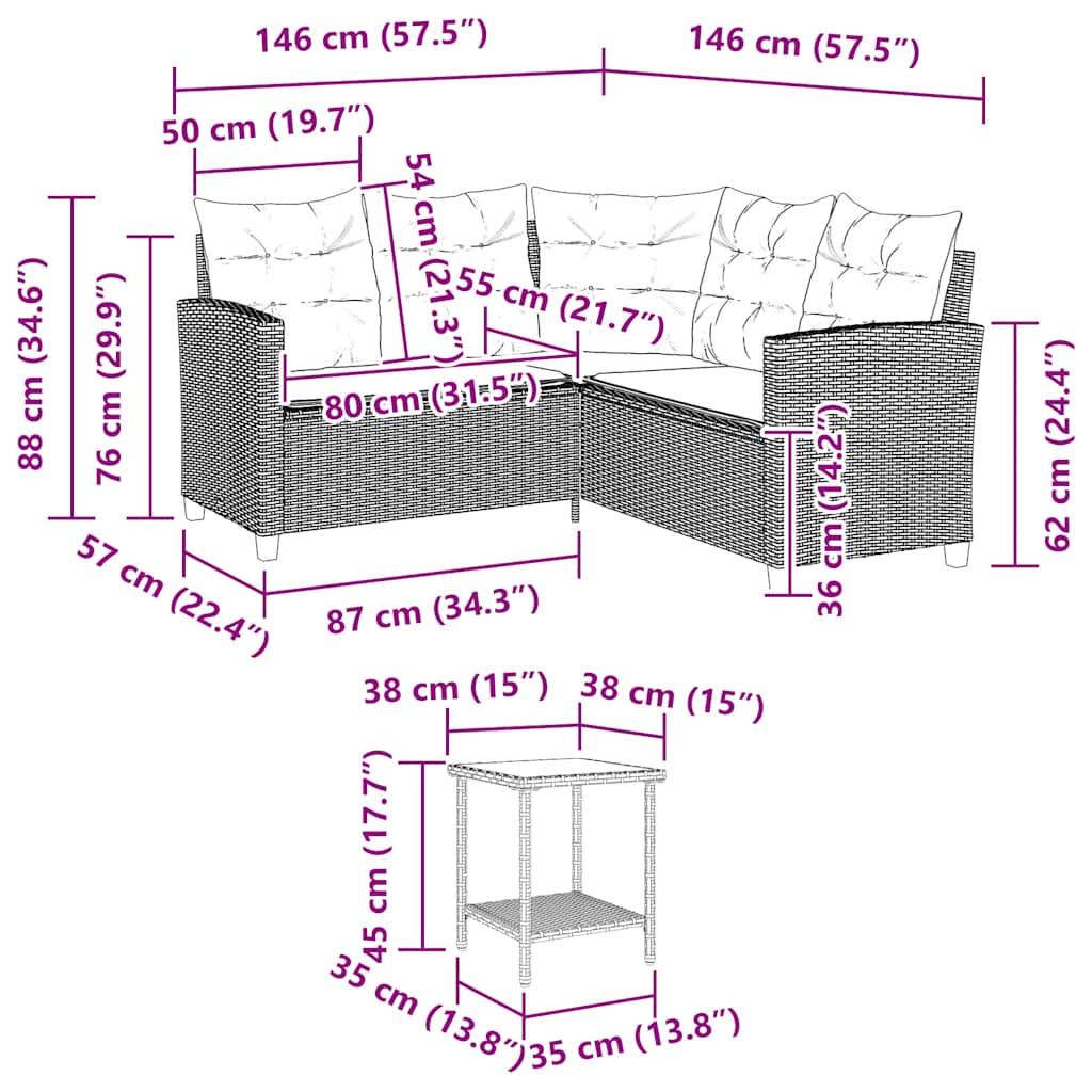 Tuinbank Met Tafel En Kussens L-Vormig Poly Rattan Lichtgrijs
