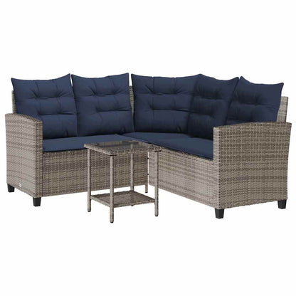 Tuinbank Met Tafel En Kussens L-Vormig Poly Rattan Grijs en blauw