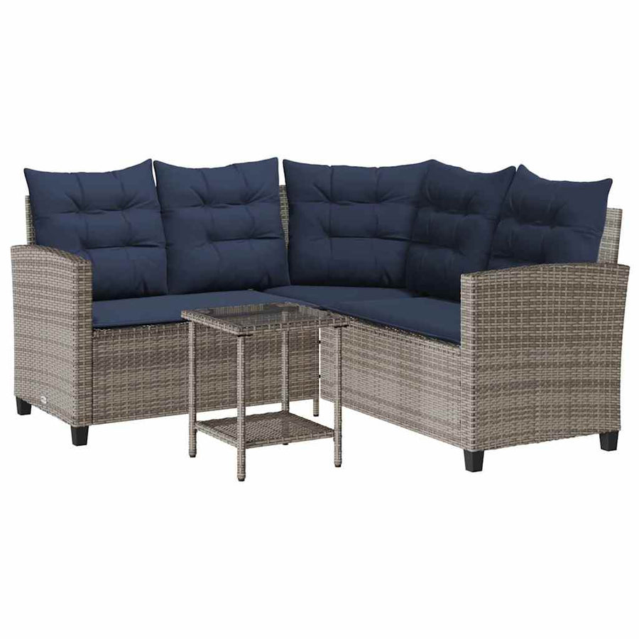 Tuinbank Met Tafel En Kussens L-Vormig Poly Rattan Grijs en blauw