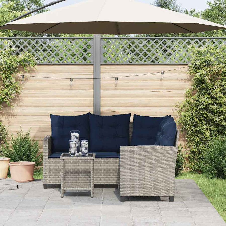 Tuinbank Met Tafel En Kussens L-Vormig Poly Rattan Grijs en blauw