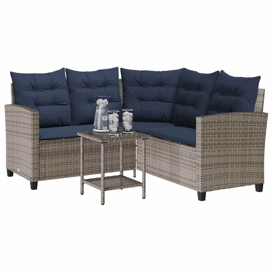 Tuinbank Met Tafel En Kussens L-Vormig Poly Rattan Grijs en blauw