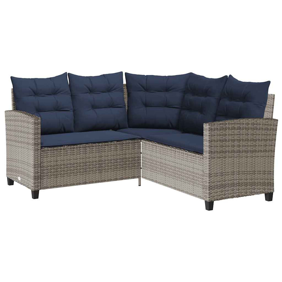 Tuinbank Met Tafel En Kussens L-Vormig Poly Rattan Grijs en blauw