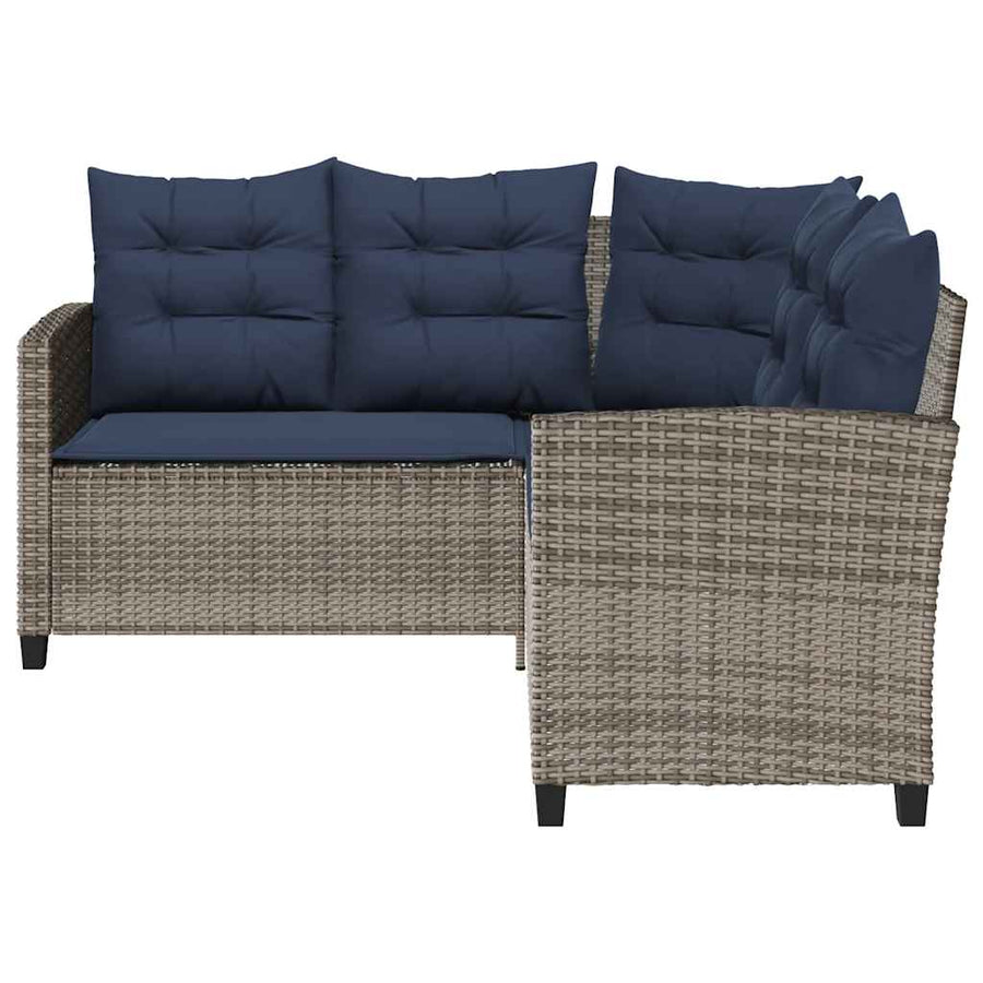 Tuinbank Met Tafel En Kussens L-Vormig Poly Rattan Grijs en blauw