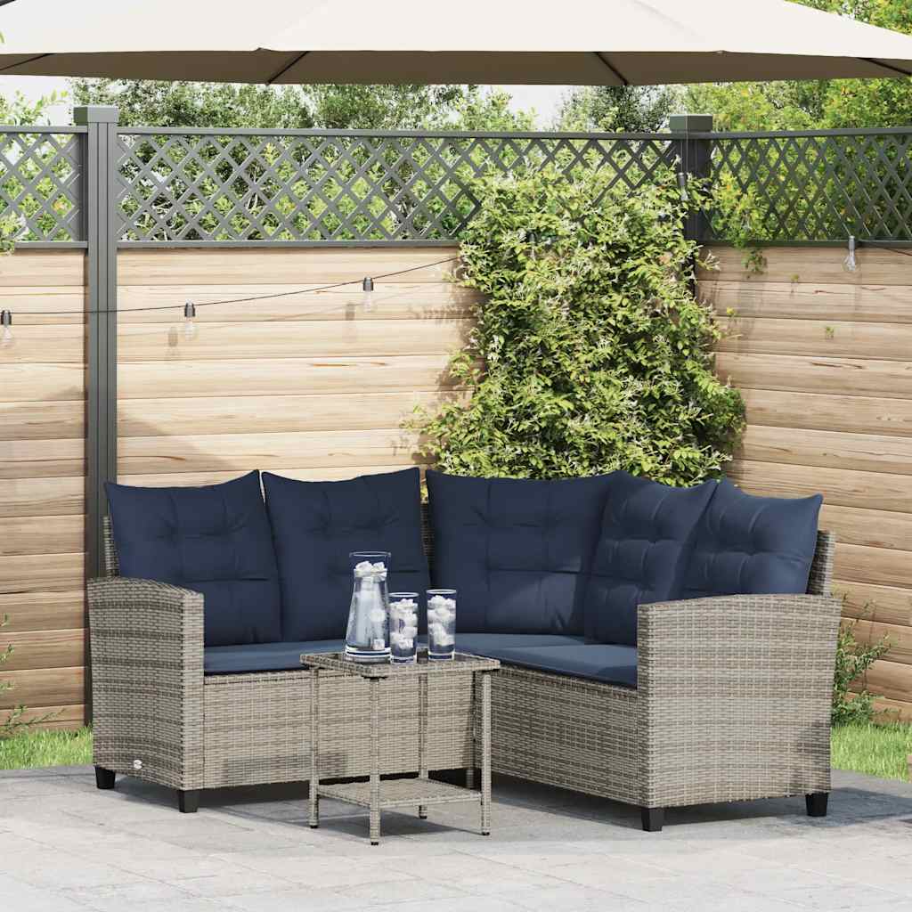 Tuinbank Met Tafel En Kussens L-Vormig Poly Rattan Grijs en blauw