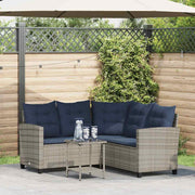 L-vormige tuinbank met tafel en kussens poly rattan grijs