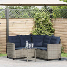 Tuinbank Met Tafel En Kussens L-Vormig Poly Rattan Grijs en blauw
