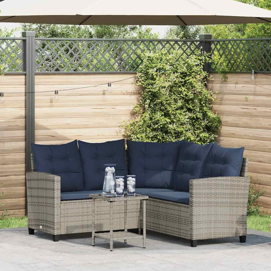 Tuinbank Met Tafel En Kussens L-Vormig Poly Rattan Grijs en blauw