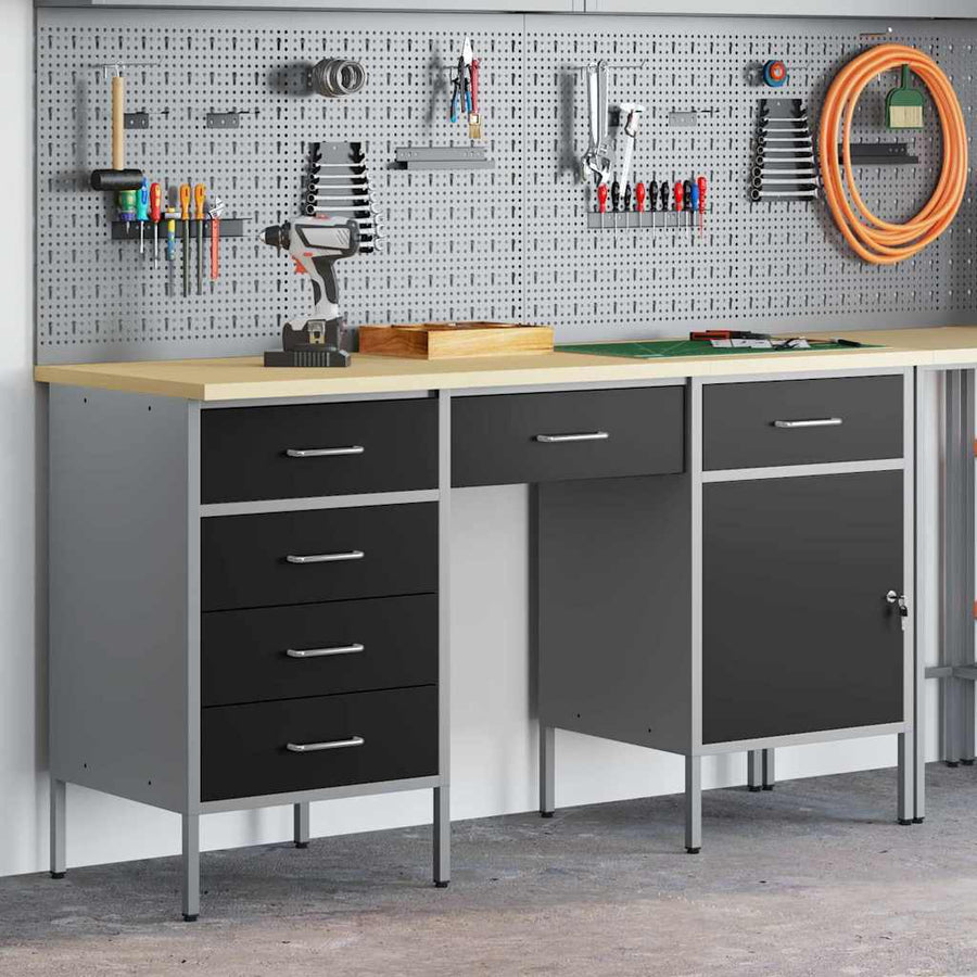 Werk kast met lade 3 pcs Zwart Engineered hout en staal