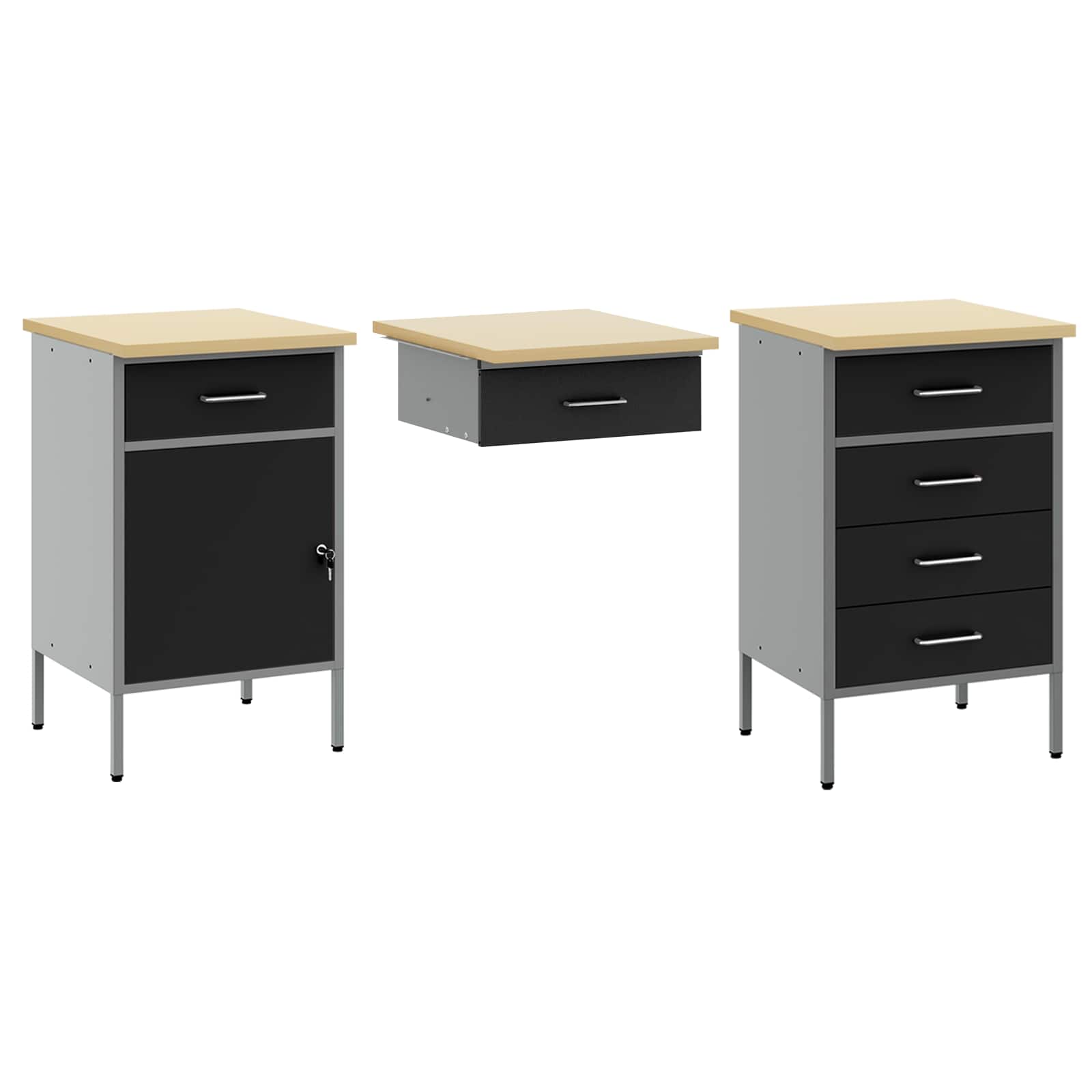 Werk kast met lade 3 pcs Zwart Engineered hout en staal