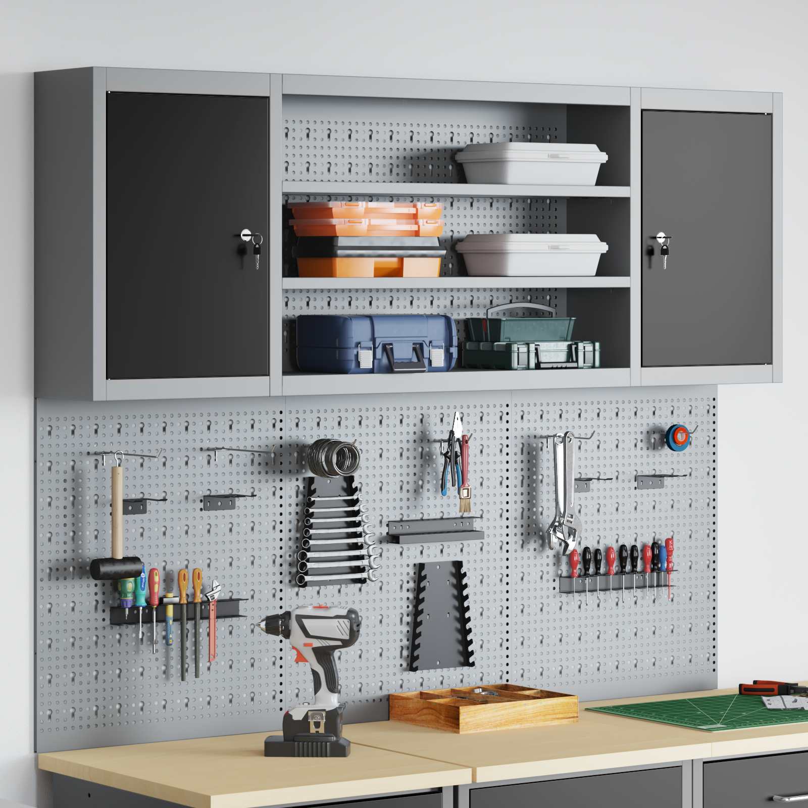 Gereedschapskast set met plank 4 pcs Zwart Gepoedercoat staal