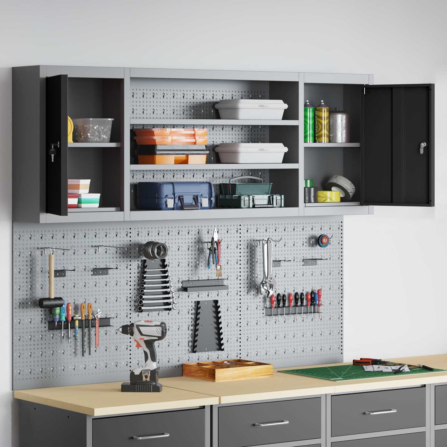 Gereedschapskast set met plank 4 pcs Zwart Gepoedercoat staal