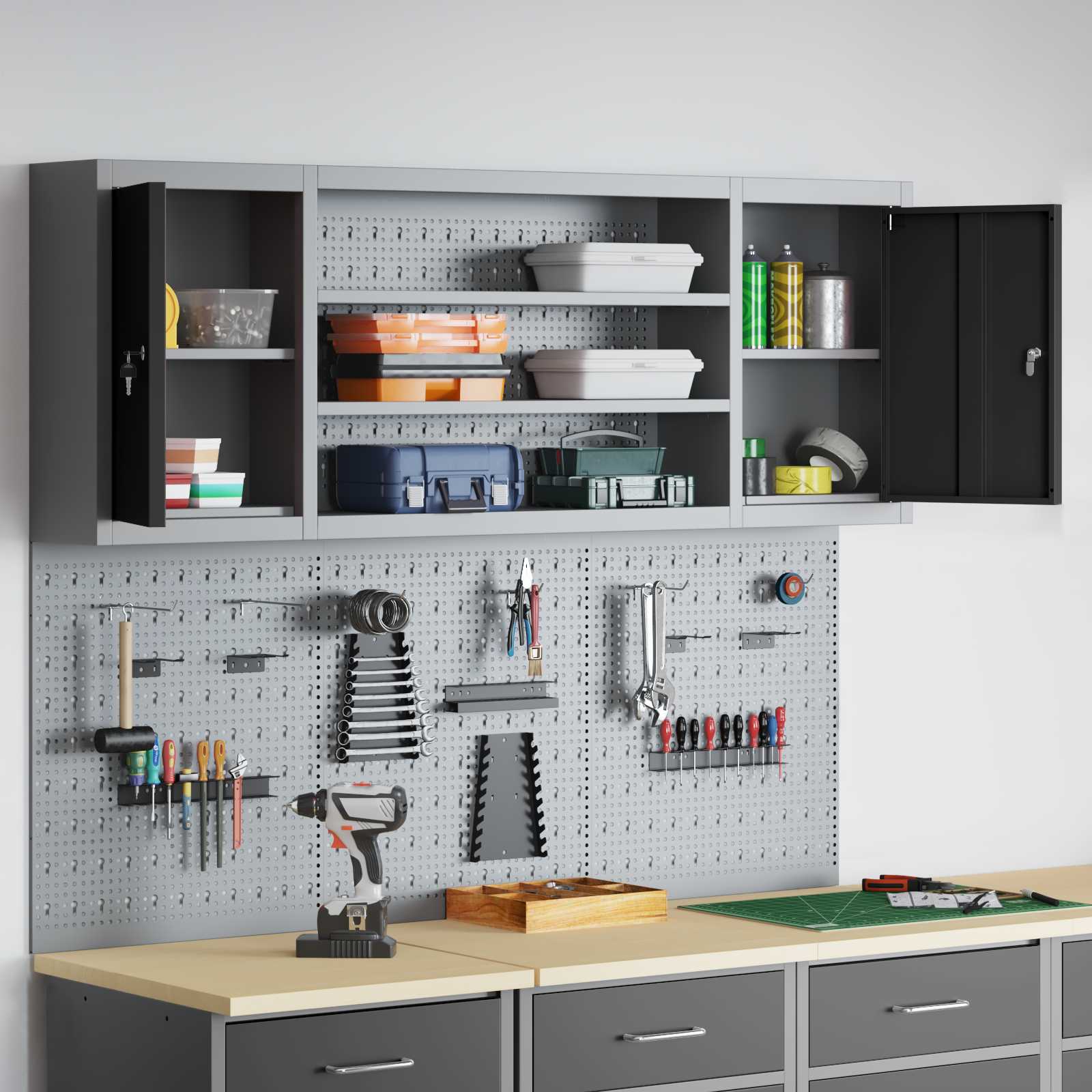 Gereedschapskast set met plank 4 pcs Zwart Gepoedercoat staal
