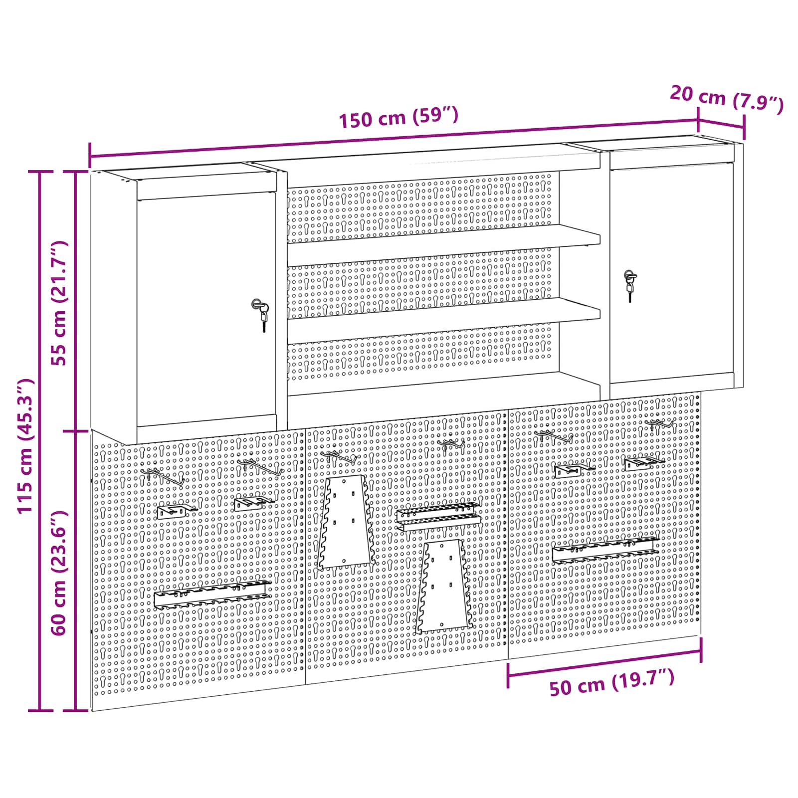 Gereedschapskast set met plank 4 pcs Zwart Gepoedercoat staal