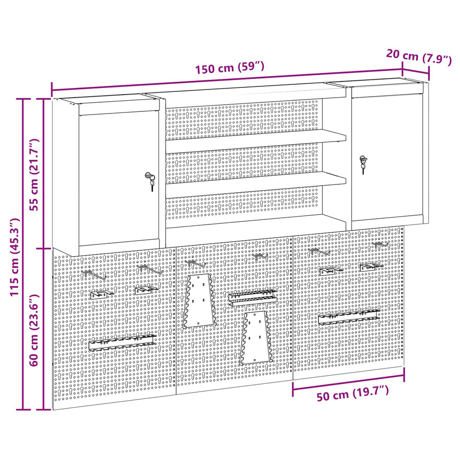 Gereedschapskast set met plank 4 pcs Zwart Gepoedercoat staal