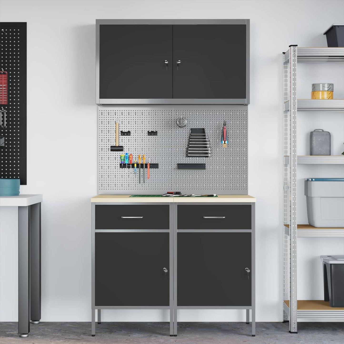 Werk kast met lade 5 pcs Zwart Engineered hout en staal