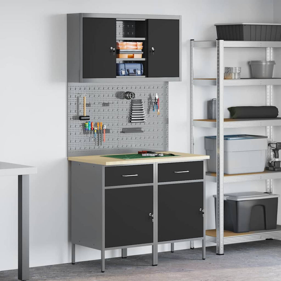 Werkbank Met Lade Met Slot 8 Pcs 100 X 55 X 200 Cm Staal Grijs 2x (84 cm)