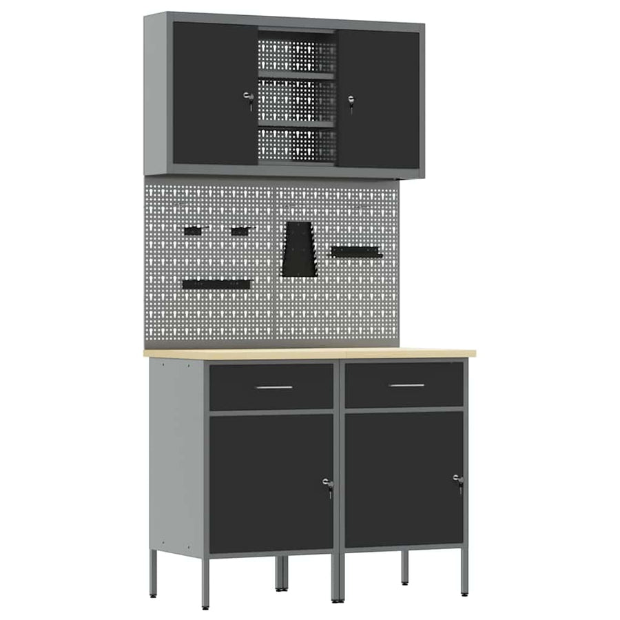 Werkbank Met Lade Met Slot 8 Pcs 100 X 55 X 200 Cm Staal Grijs 2x (84 cm)