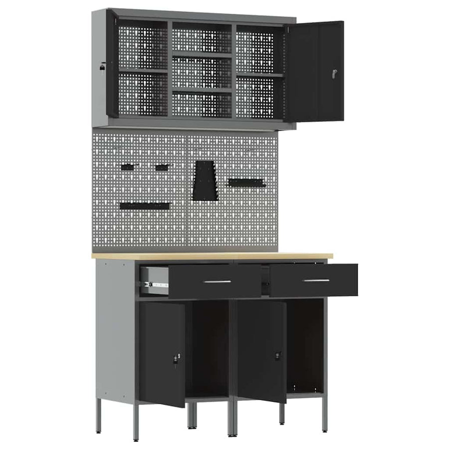 Werkbank Met Lade Met Slot 8 Pcs 100 X 55 X 200 Cm Staal Grijs 2x (84 cm)
