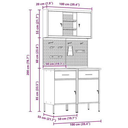 Werkbank Met Lade Met Slot 8 Pcs 100 X 55 X 200 Cm Staal Grijs 2x (84 cm)