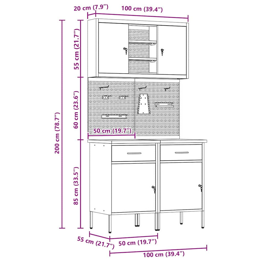 Werkbank Met Lade Met Slot 8 Pcs 100 X 55 X 200 Cm Staal Grijs 2x (84 cm)