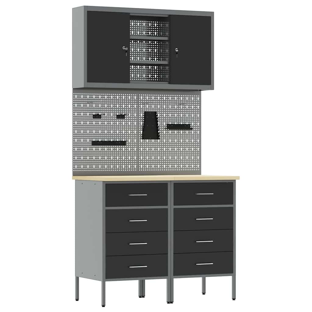 Werkbank Met Lade Met Slot 5 Pcs 100 X 55 X 200 Cm Staal Zwart 2x (85 cm)