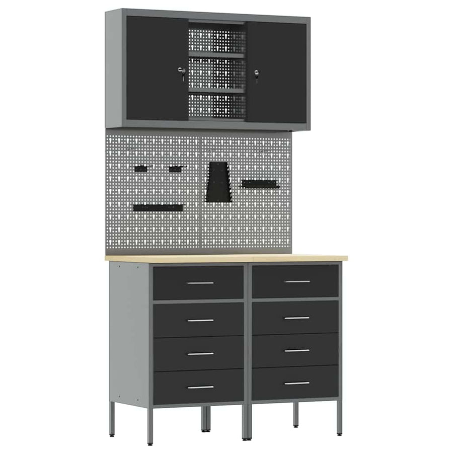Werkbank Met Lade Met Slot 5 Pcs 100 X 55 X 200 Cm Staal Zwart 2x (85 cm)