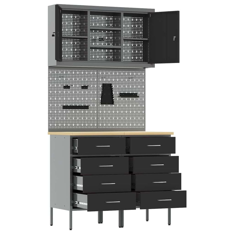 Werkbank Met Lade Met Slot 5 Pcs 100 X 55 X 200 Cm Staal Zwart 2x (85 cm)