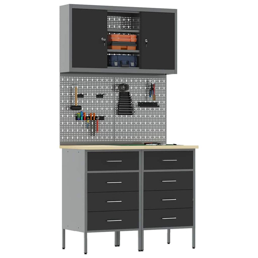 Werkbank Met Lade Met Slot 5 Pcs 100 X 55 X 200 Cm Staal Zwart 2x (85 cm)
